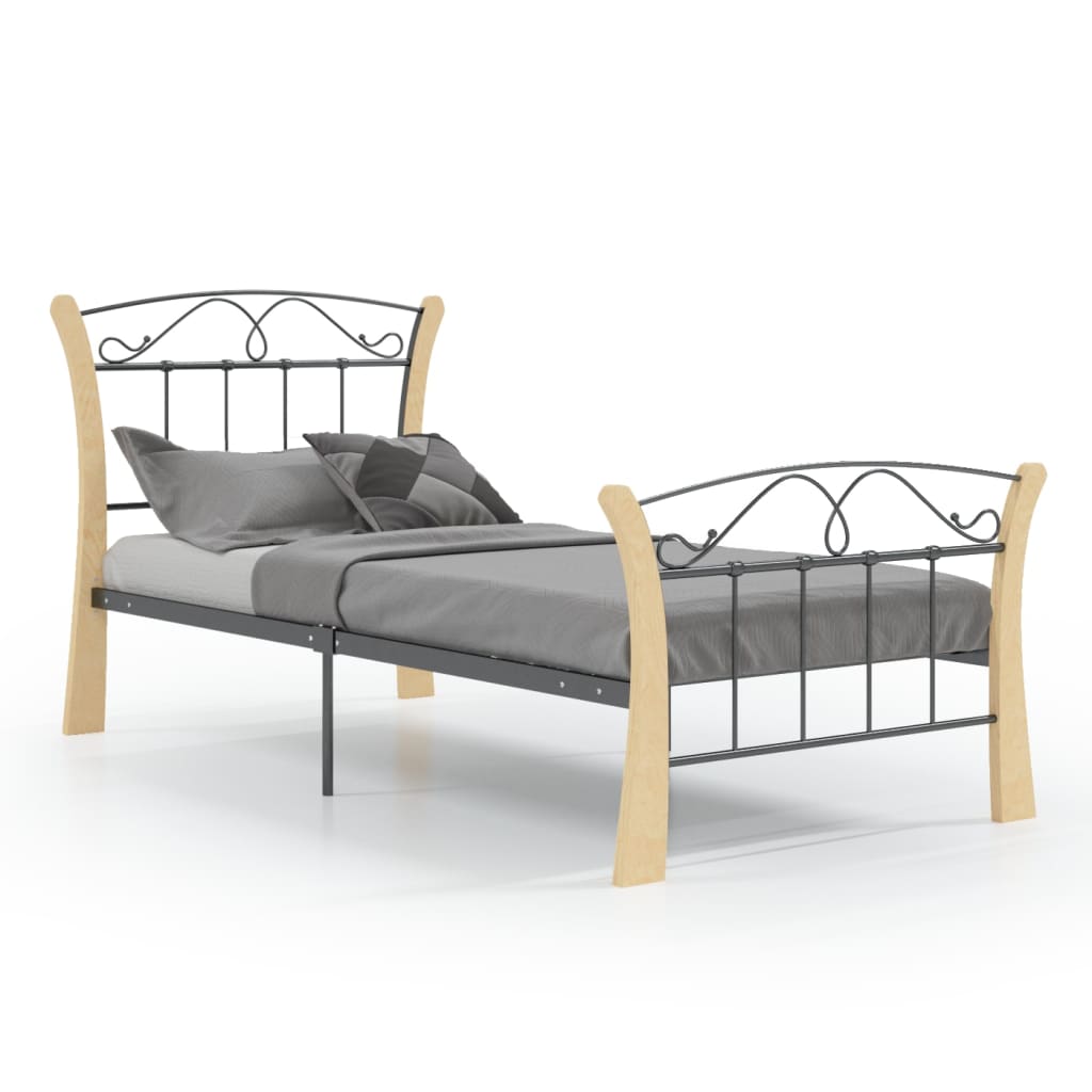 Bed Frame | Black and natural | Powder-coated metal, solid oak wood