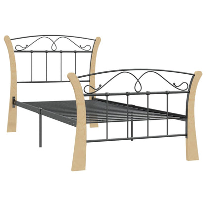 Bed Frame | Black and natural | Powder-coated metal, solid oak wood