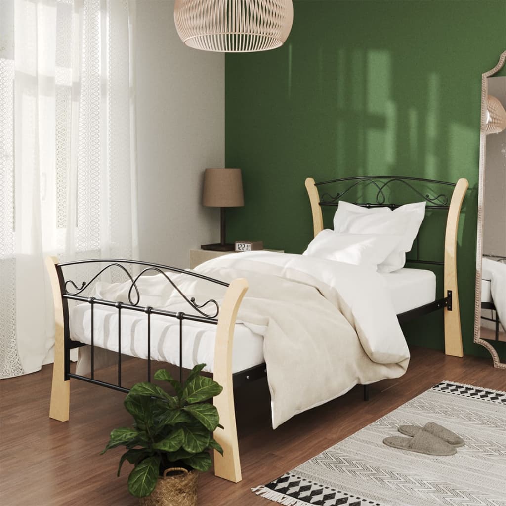 Bed Frame | Black and natural | Powder-coated metal, solid oak wood