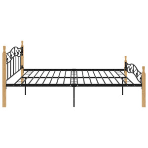 Bed Frame Black Metal and Solid Oak Wood 200x200 cm
