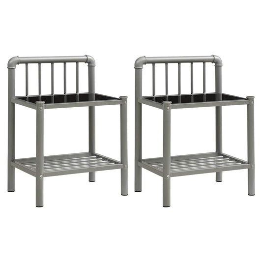 Bedside Cabinet | Set of 2 | Grey | Powder-coated metal, Glass | Standard