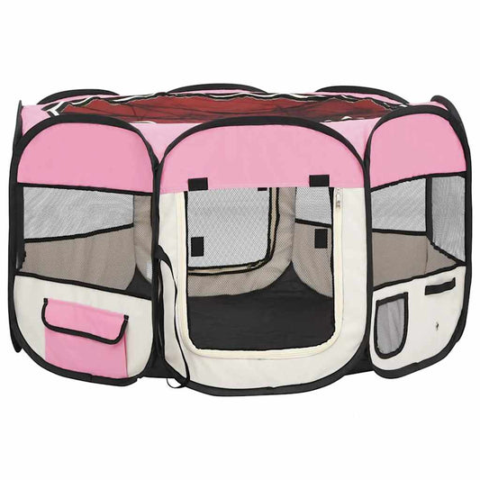 Dog Playpen | Pink and Cream | Polyester and Steel | Medium | Foldable