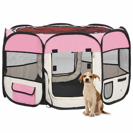 Dog Playpen | Pink and Cream | Polyester and Steel | Medium | Foldable