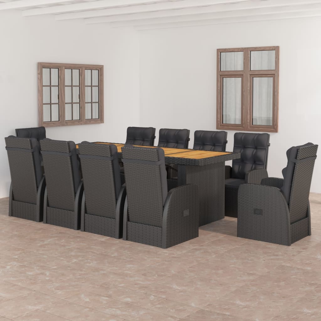 11 Piece Patio Dining Set with Cushions Poly Rattan Black