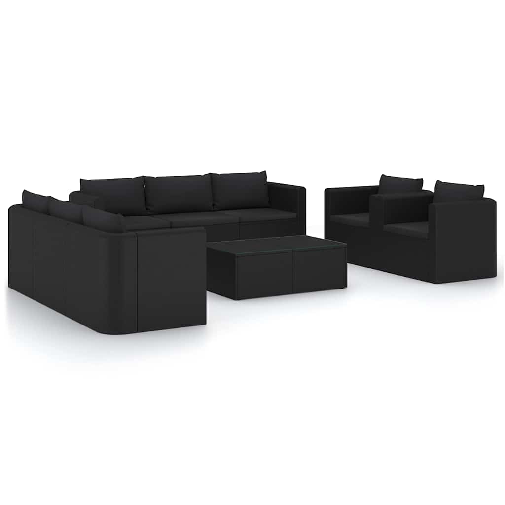 10 Piece Patio Lounge Set with Cushions Poly Rattan Black