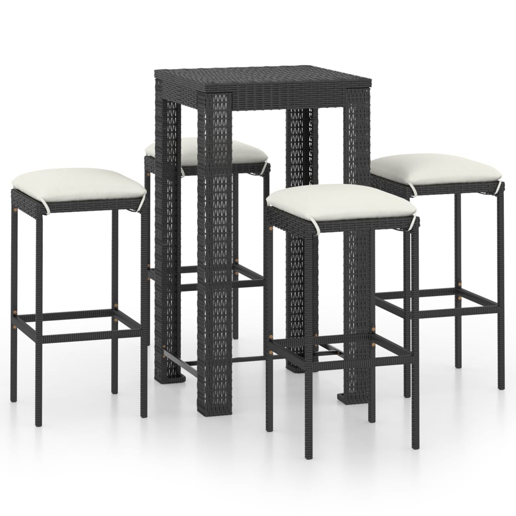 5 Piece Patio Bar Set with Cushions Poly Rattan Black