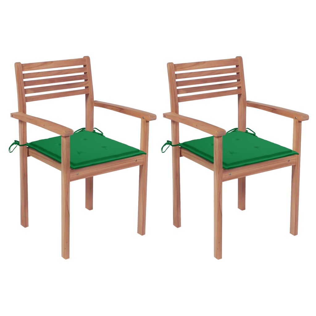 Patio Chairs 2 pcs with Green Cushions Solid Teak Wood