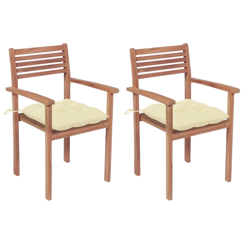Patio Chairs 2 pcs with Cream White Cushions Solid Teak Wood