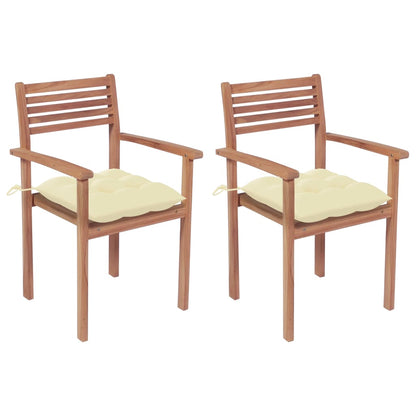 Patio Chairs 2 pcs with Cream White Cushions Solid Teak Wood