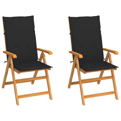 Folding Chairs 2 pcs with Black Cushions Solid Teak Wood