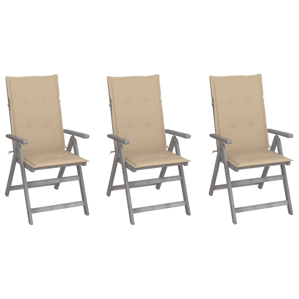 Patio Reclining Chairs 3 pcs with Cushions Solid Acacia Wood