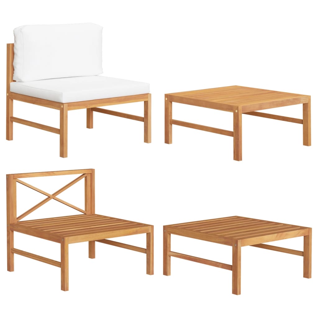 2 Piece Patio Lounge Set with Cream Cushions Teak Wood