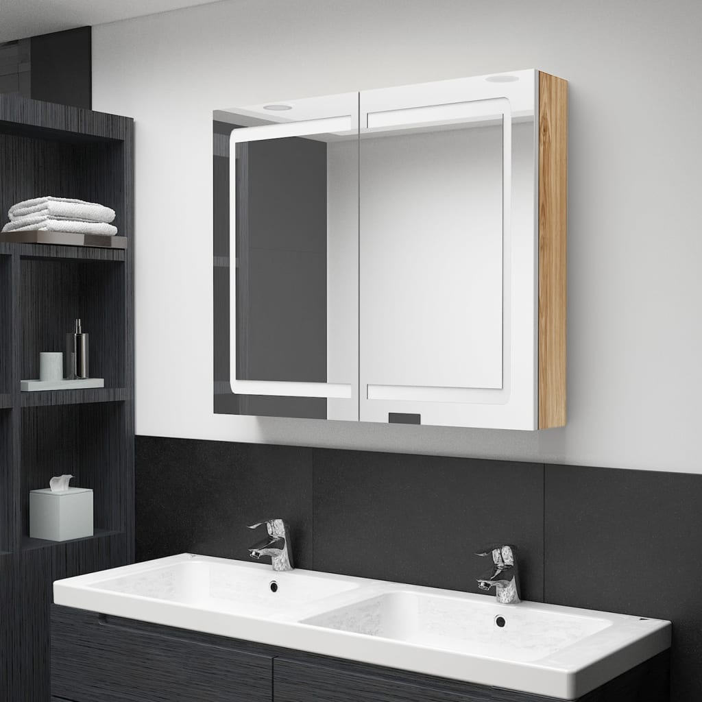 Bathroom Cabinet | White and oak | MDF board with melamine finish, glass