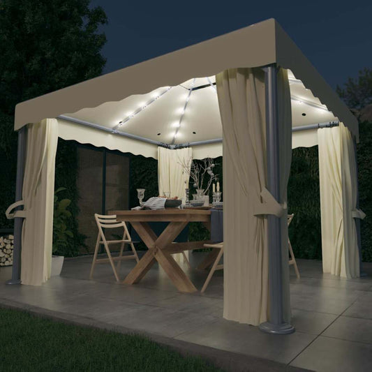 Gazebo with Curtain&LED String Lights 3x3 m Cream White