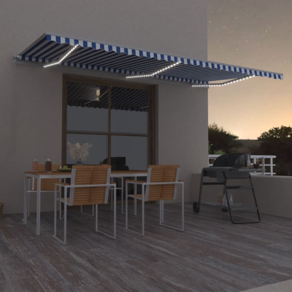 Manual Retractable Awning with LED 600x350 cm Blue and White