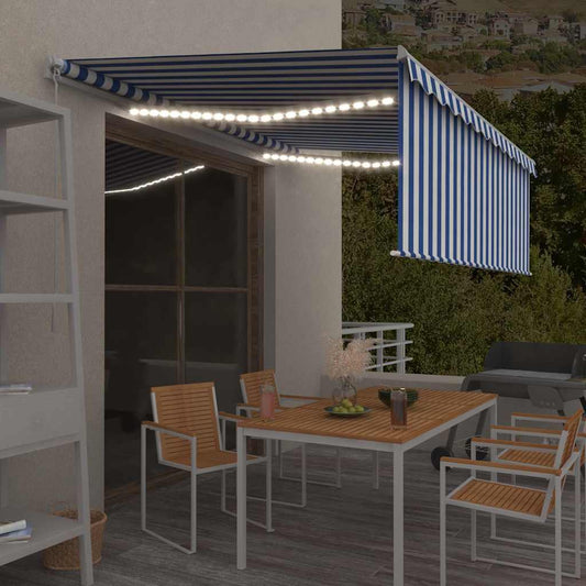 Manual Awning with Solar LED 4.5 x 3 m Blue and White Stripe