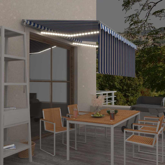 Manual Awning with Solar LED 3.5 x 2.5 m Blue and White Stripe