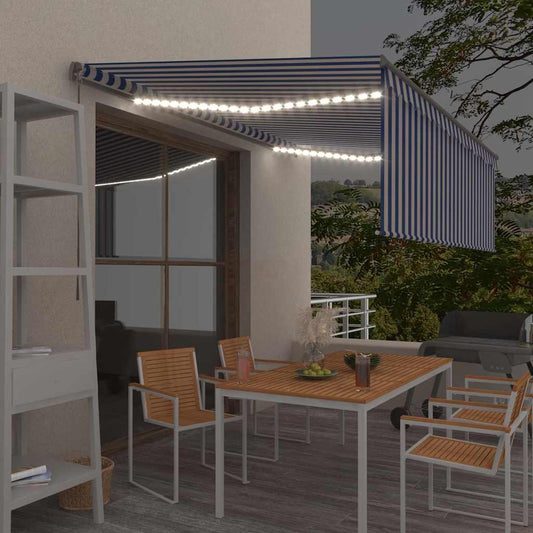 Manual Awning with Solar LED 4.5 x 3 m Blue and White Stripe