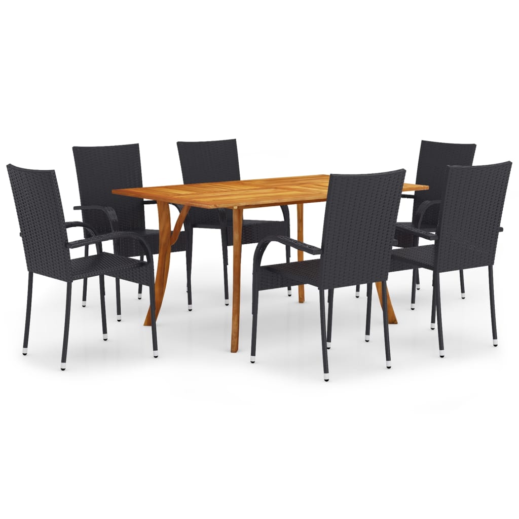 Dining Set | Black | Solid Acacia Wood, PE Rattan | 7 Piece | Stackable