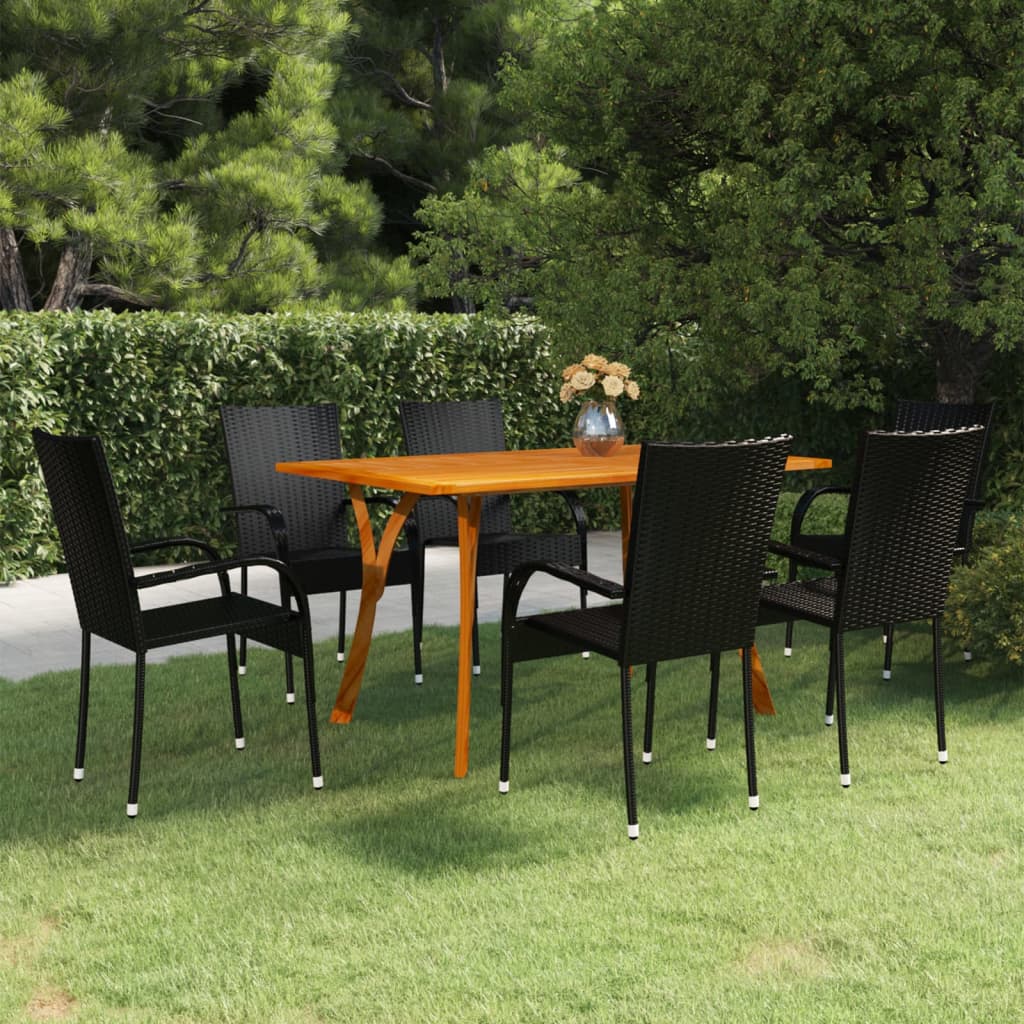 Dining Set | Black | Solid Acacia Wood, PE Rattan | 7 Piece | Stackable