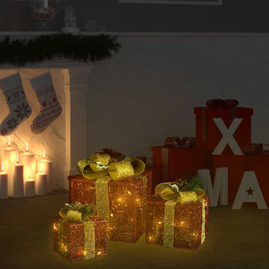 Christmas Gift Box Set of 3 Red and gold Fabric