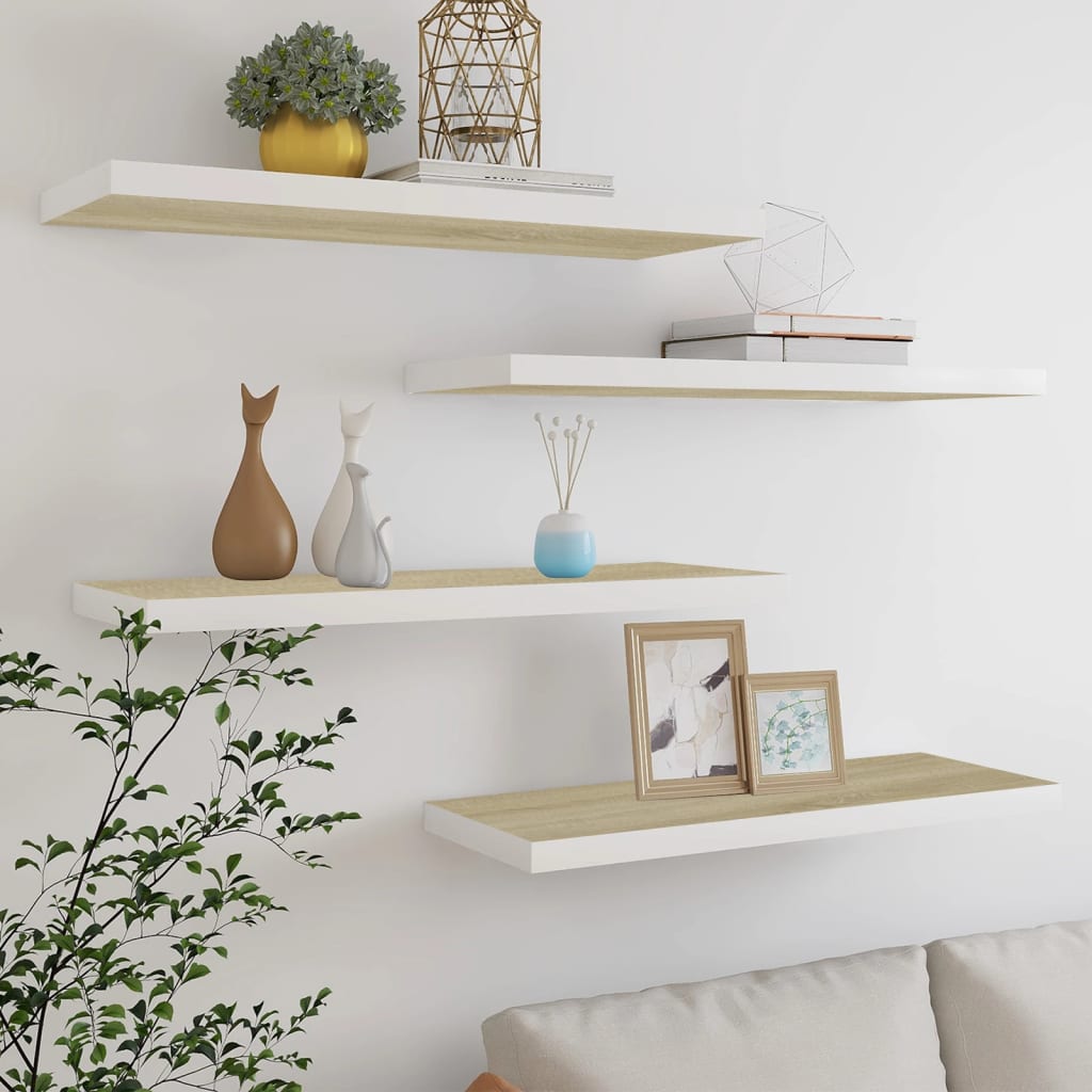 Floating Wall Shelves 4 pcs Oak and White 80x23.5x3.8 cm MDF