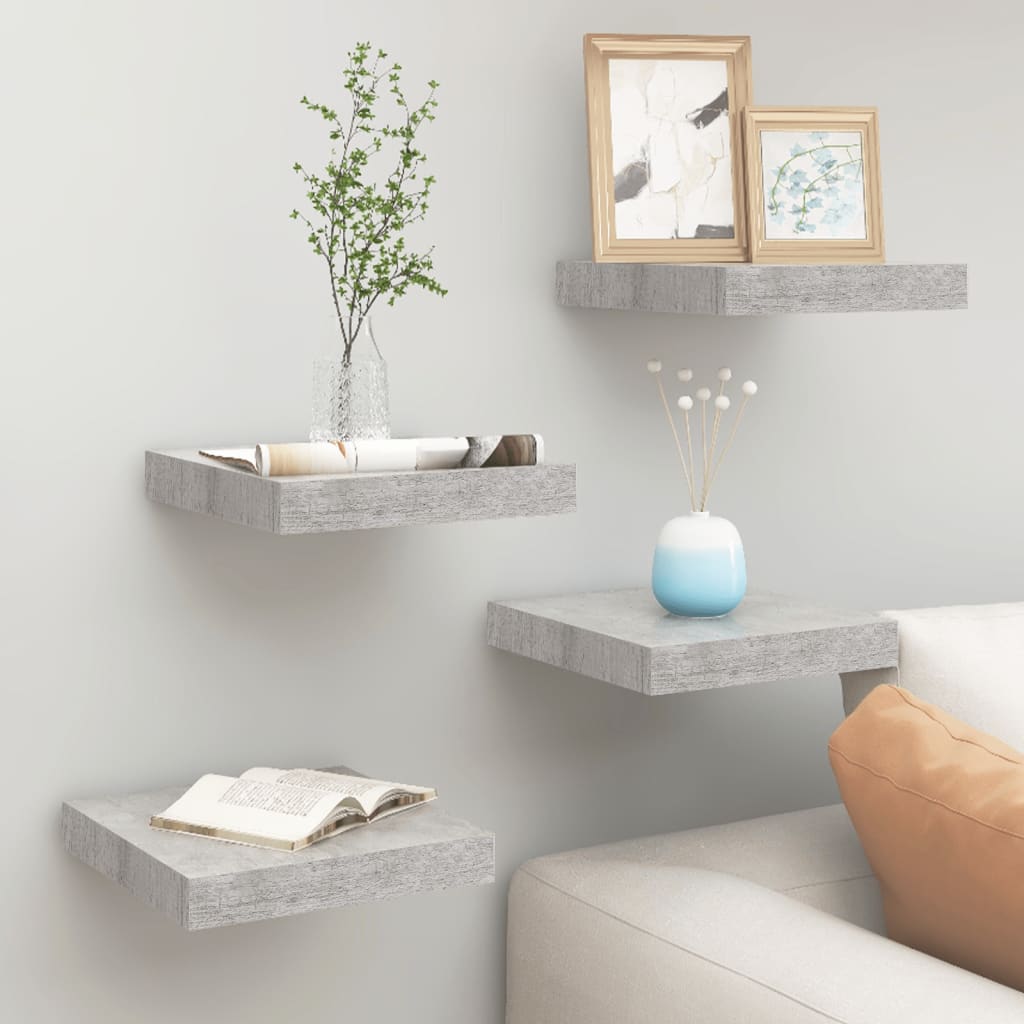 Wall Shelf Set of 4 Concrete Grey Honeycomb MDF, Metal Frame