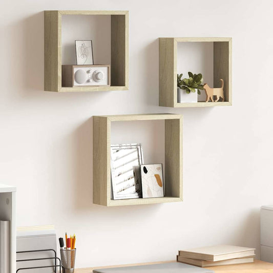 Wall Cube Shelf | Set of 3 | Sonoma oak | MDF | Large, Medium, Small