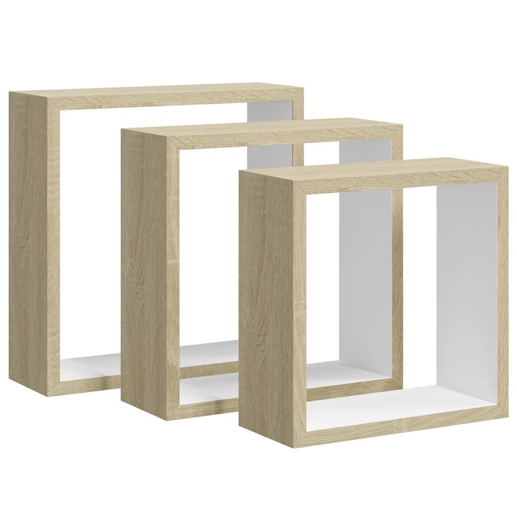 Wall Cube Shelf Set of 3 White and Sonoma Oak MDF Small to Medium