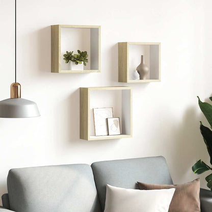 Wall Cube Shelf Set of 3 White and Sonoma Oak MDF Small to Medium