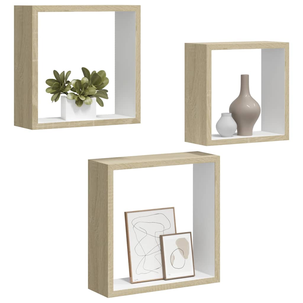Wall Cube Shelf Set of 3 White and Sonoma Oak MDF Small to Medium