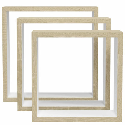 Wall Cube Shelf Set of 3 White and Sonoma Oak MDF Small to Medium