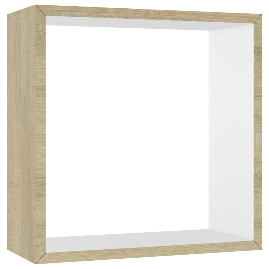Wall Cube Shelf Set of 3 White and Sonoma Oak MDF Small to Medium