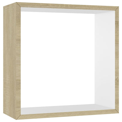 Wall Cube Shelf Set of 3 White and Sonoma Oak MDF Small to Medium