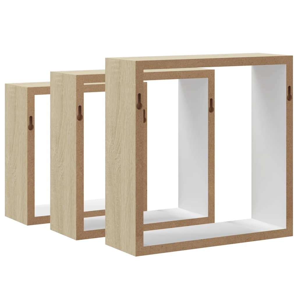 Wall Cube Shelf Set of 3 White and Sonoma Oak MDF Small to Medium