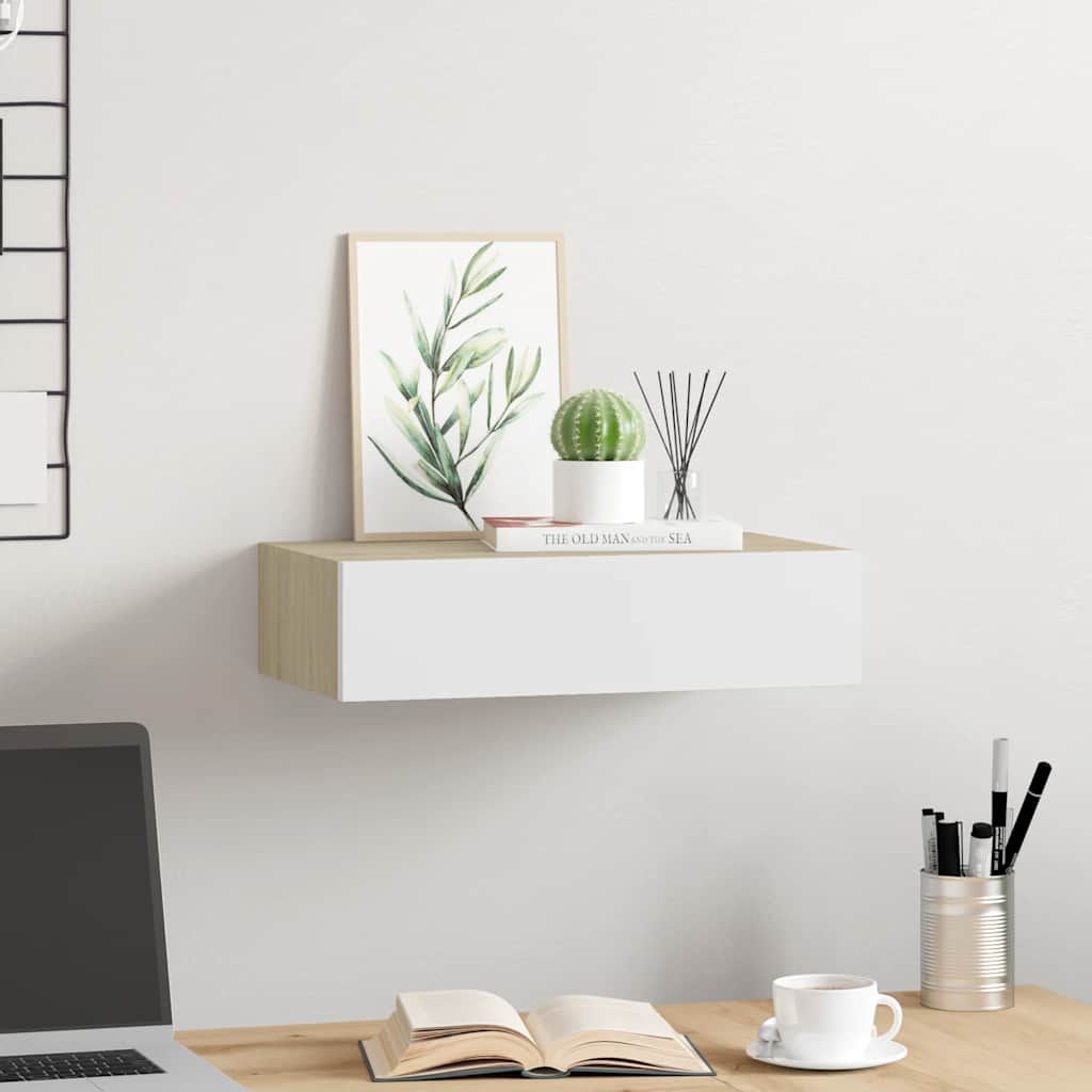 Drawer Shelf | Oak and White | MDF, Metal | Compact | Wall Shelf