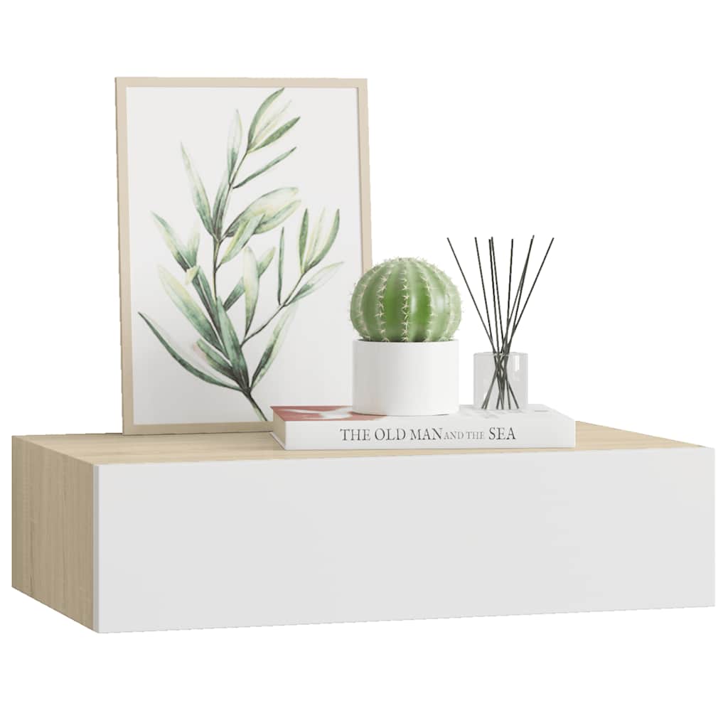 Drawer Shelf | Oak and White | MDF, Metal | Compact | Wall Shelf