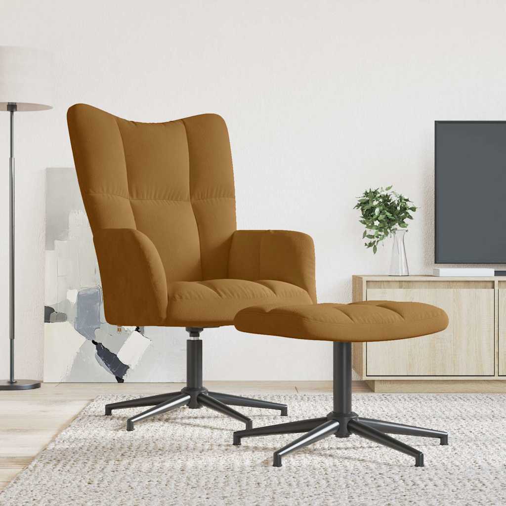 Relaxing Chair with a Stool Brown Velvet