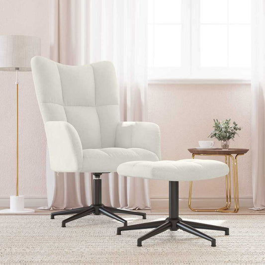 Relaxing Chair with a Stool Cream White Velvet