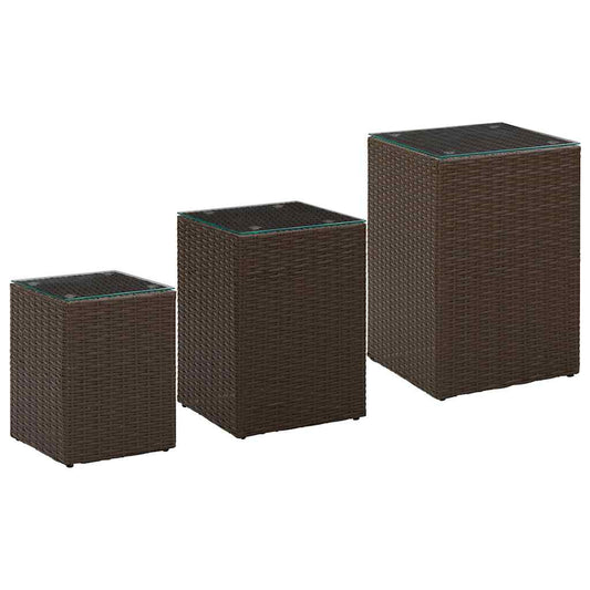 Side Table | Set of 3 | Brown | Poly rattan, glass, metal