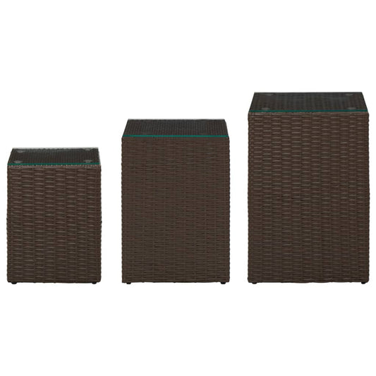 Side Table | Set of 3 | Brown | Poly rattan, glass, metal