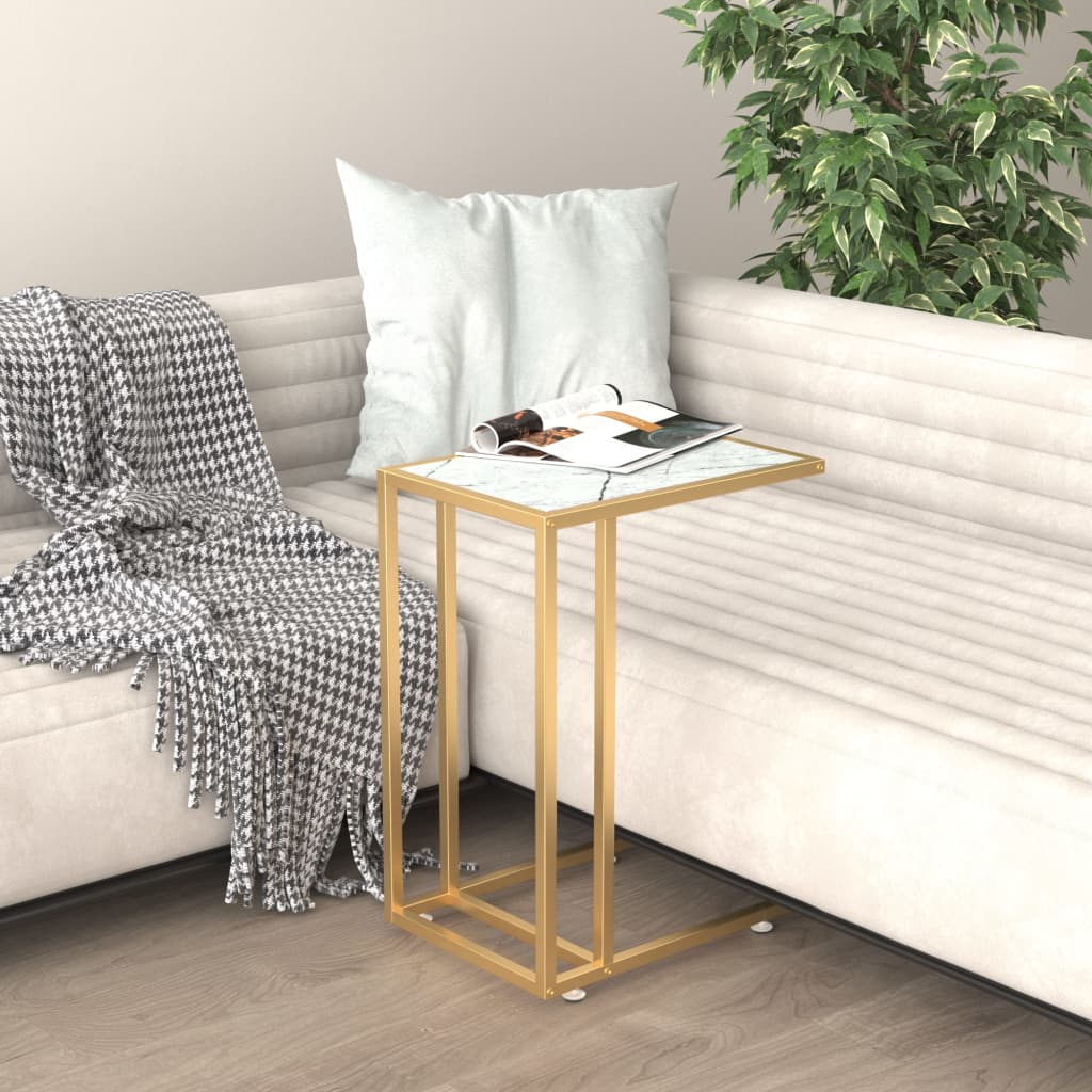 Side Table | White Marble and Gold | Tempered Glass, Powder-Coated Iron