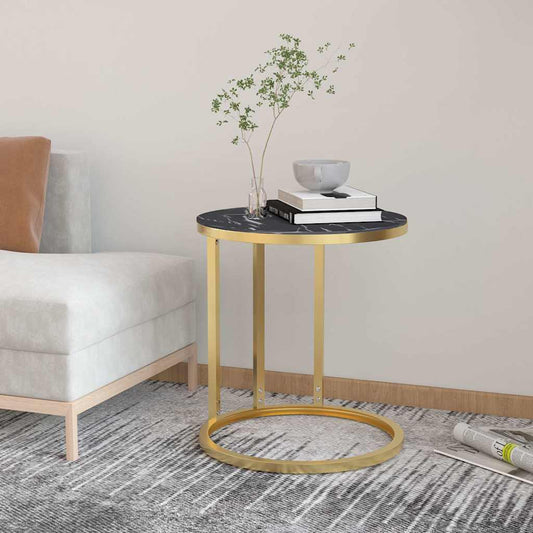 Side Table | Gold and Black Marble | Tempered Glass, Powder-Coated Iron