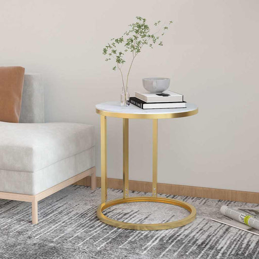 Side Table | Gold and White Marble | Tempered Glass, Powder-Coated Iron