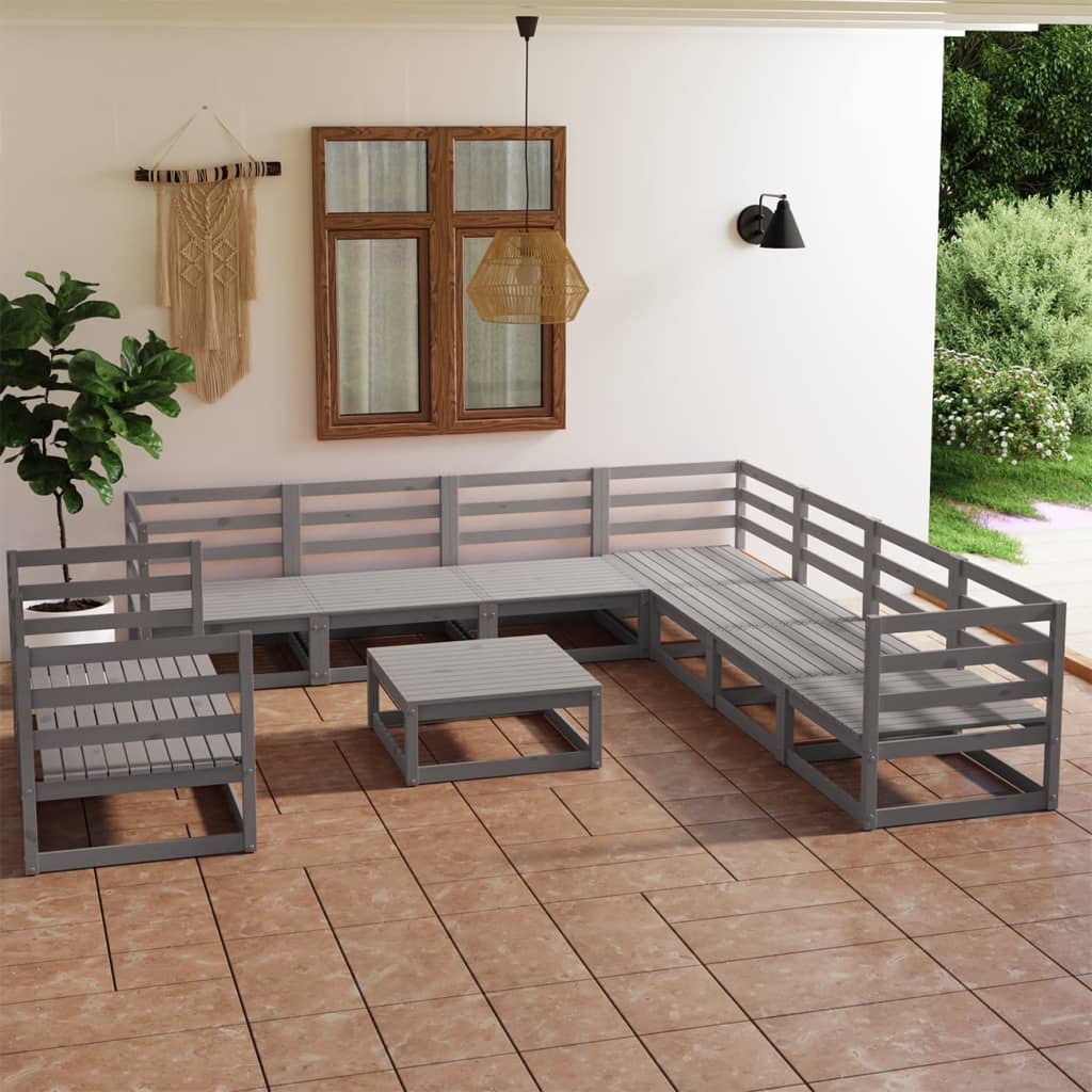 10 Piece Garden Lounge Set Grey Solid Pinewood