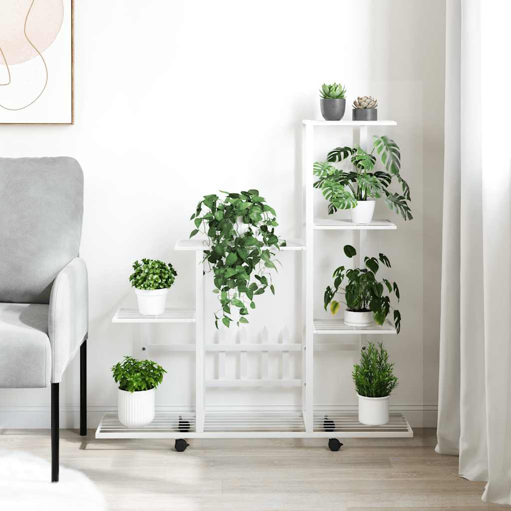 vidaXL Plant Stand White Metal Medium Rollable Plant Stand