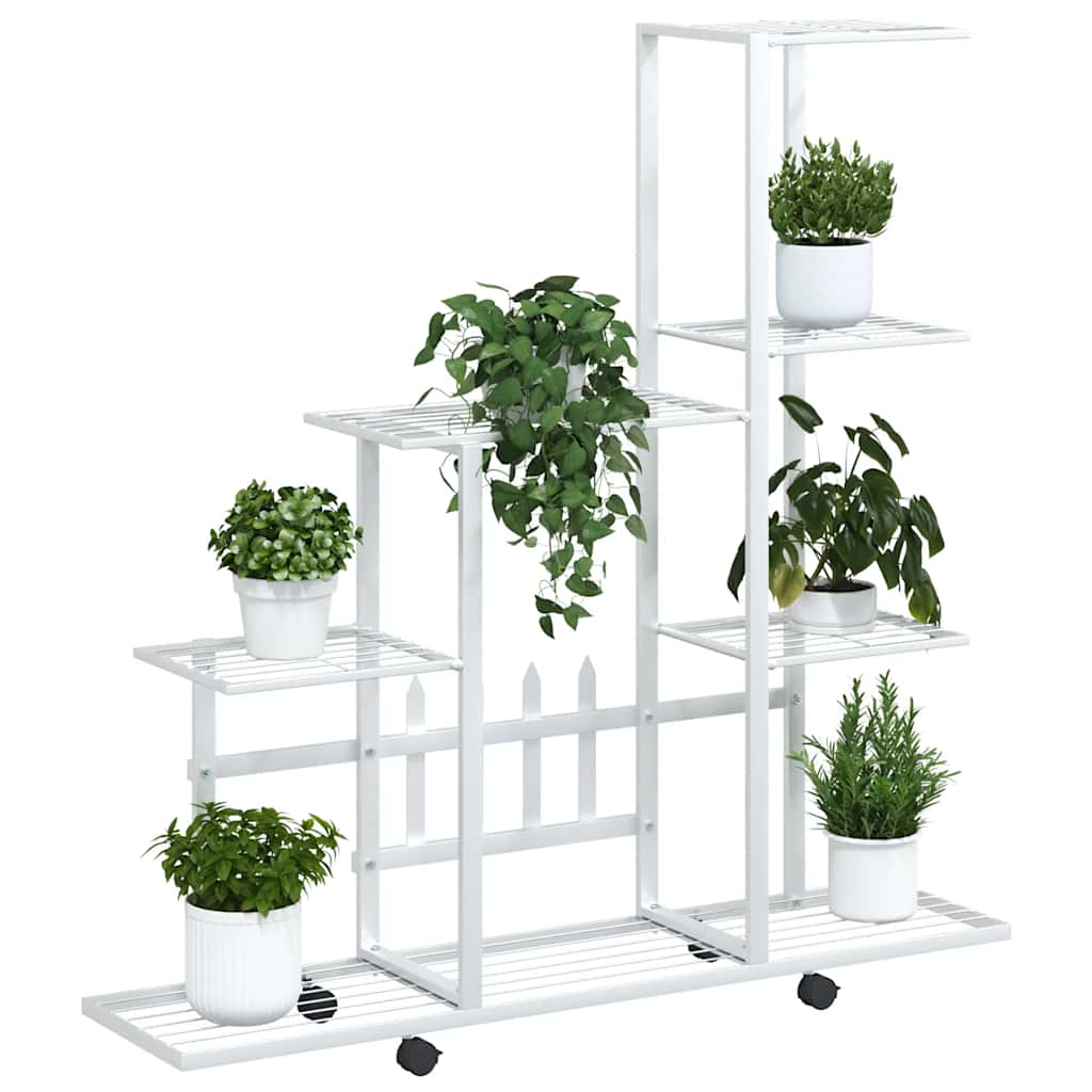 vidaXL Plant Stand White Metal Medium Rollable Plant Stand