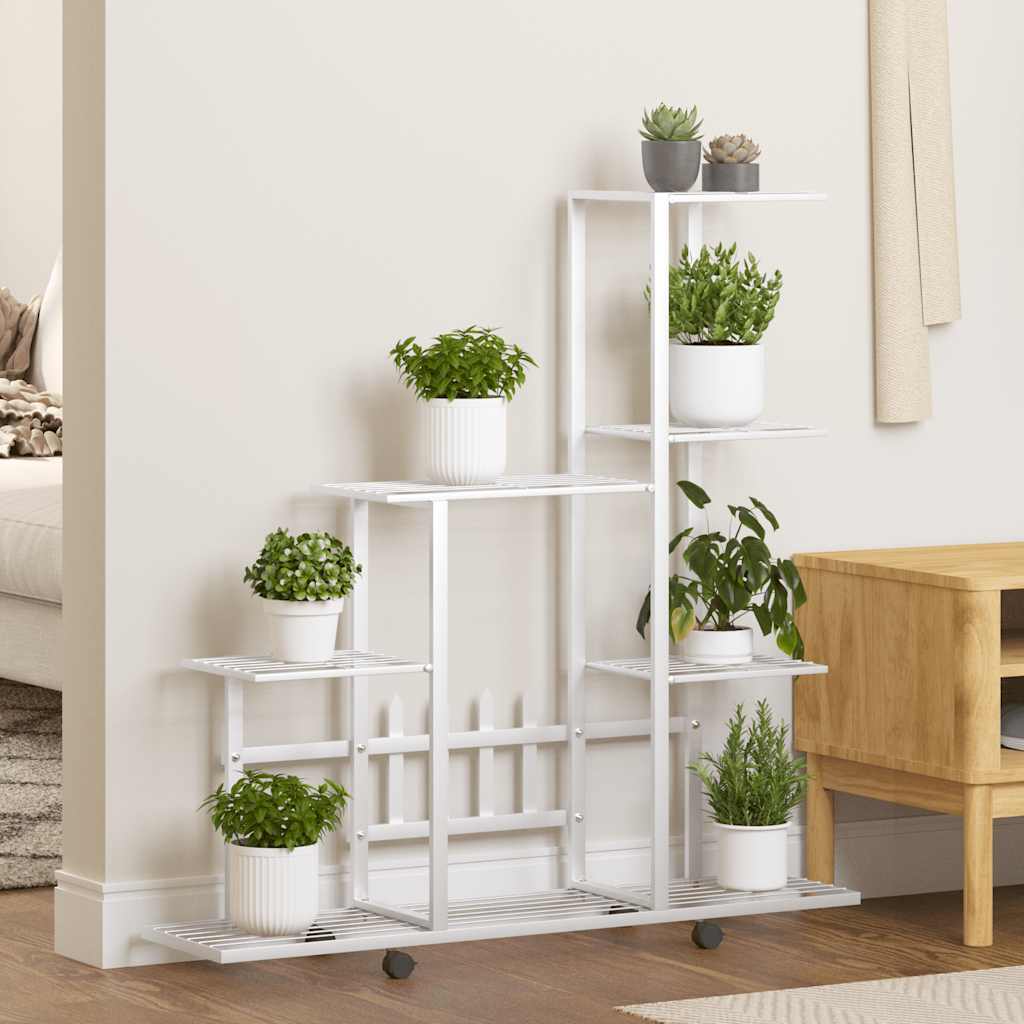 vidaXL Plant Stand White Metal Medium Rollable Plant Stand