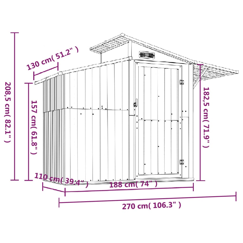 Garden Shed Grey 270x130x208.5 cm Galvanised Steel