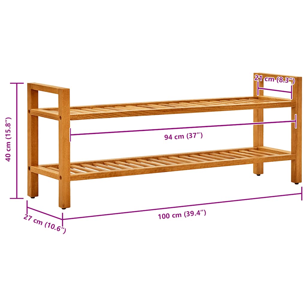 Shoe Rack with 2 Shelves 39.4"x10.6"x15.7" Solid Oak Wood